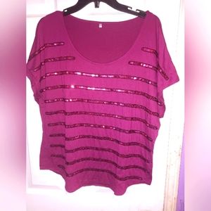 Sequin maroon striped short sleeve shirt XL